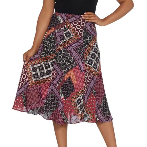 NWT Bob Mackie Patchwork Print Pull-On Midi Circle Skirt Size Large - Picture 1 of 11